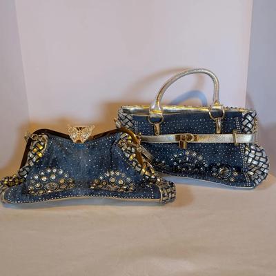 Glam Jeweled Denim Handbag & Clutch Set – Rhinestones, Gold Accents, Sparkle Design