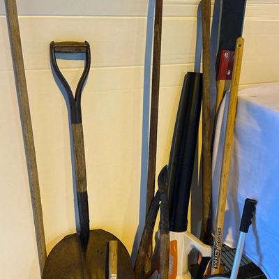 Large Garden & Yard Tool Lot – Shovel, Loppers, Hoes, AMES Brush Axe, Measuring Wheel, STIHL Blower 