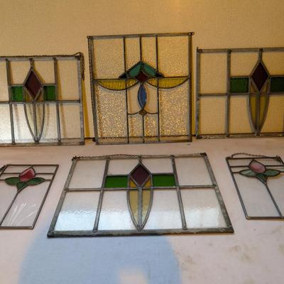 Lot of 6 Vintage Stained Glass Hanging Panels – Various Sizes & Designs