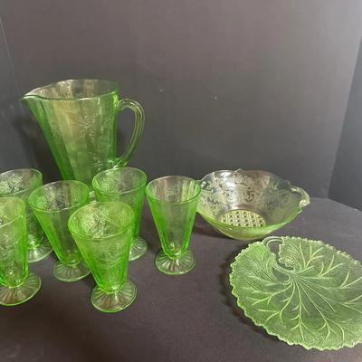 Vintage Green Uranium Glass Lot – Pitcher & 6 Tumblers, Etched Bowl, Decorative Plate 