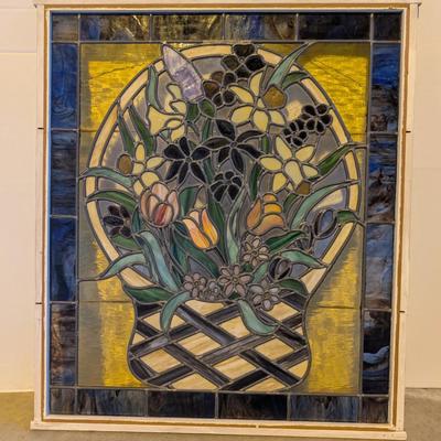 34" x 40" Floral Stained Glass Window Panel – Basket of Flowers