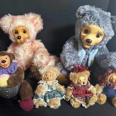 6 Artisan & Collectible Teddy Bears- Wood-face style & handmade designs