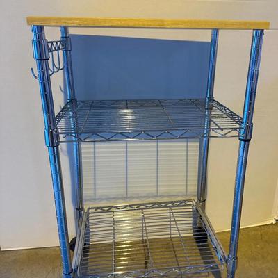Rolling Chrome Kitchen Cart with Wood Top – 3-Tier Storage Rack on Wheels