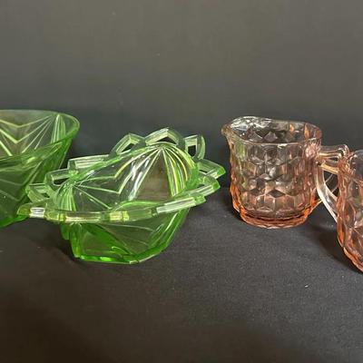 Vintage Green Uranium Glass & Pink Depression Glass Lot – Bowls, Covered Dish, Creamer & Sugar – Mix