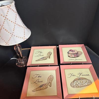 Chic Pink Beaded Table Lamp & Set of 4 Fashion Wall Art Prints – “Très Luxe / Très Femme” 