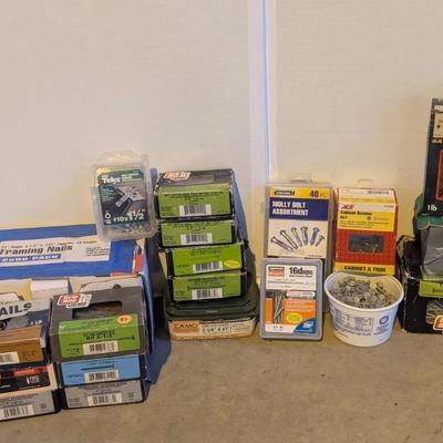 Large Mixed Fasteners & Hardware Lot – Nails, Screws, Staples, Molly Bolts & More