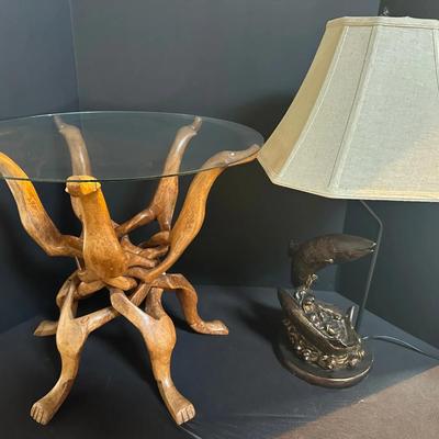 Hand-Carved Wooden Glass-Top Accent Table & Bronze-Tone Fish Sculpture Table Lamp 