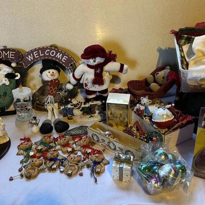 Huge Christmas Décor Lot – Snowmen, Nativity Set, Ornaments, Lights, Linens & More