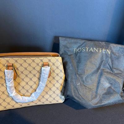 BOSTANTEN Designer Monogram Tote – Tan & Brown Structured Purse, New with Dust Bag