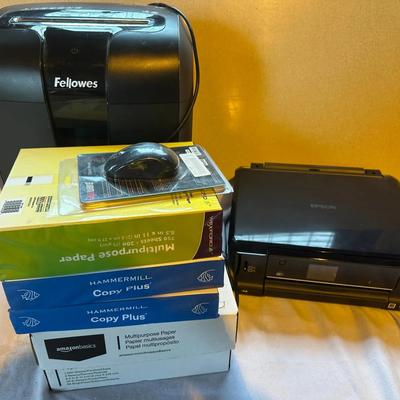 Office Electronics & Supplies Lot – Paper Shredder, Epson Printer, Copier Paper & Computer Mouse