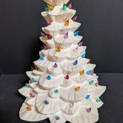 ✨Vintage Ceramic Lighted Christmas Tree – White Iridescent, Multicolor Peg Lights – 14”✨