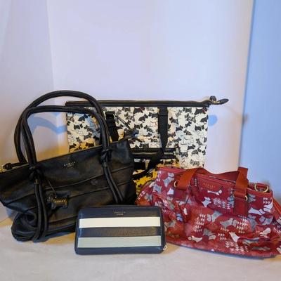 Radley London 4-Piece Lot – Black Leather Satchel, Scottie Tote, Red Scottie Bag & Striped Wallet