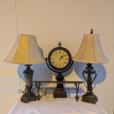 Home Décor Bundle – 2 Marble-Style Table Lamps, Freestanding Clock, & Metal Wall Rack w/Shelf