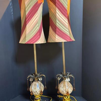 Pair of Vintage Mid-Century Style Tall Table Lamps w/ Colorful Swirl Shades & Ornate Bases
