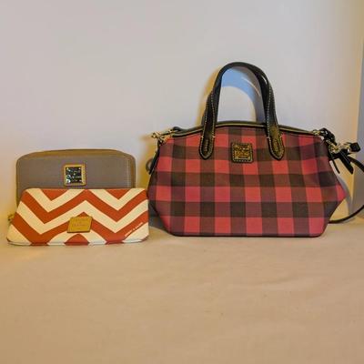 Dooney & Bourke 3-Piece Lot – Plaid Handbag + Chevron Clutch + Taupe Zip Wallet