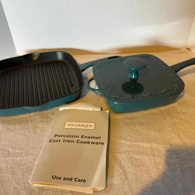 Technique Porcelain Enamel Cast Iron Grill Pan & Covered Square Skillet – Teal Brand New