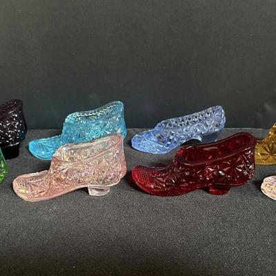 Lot of 8 Vintage Pressed Glass Slipper Figurines – Multi-Color Decorative Mini Shoes
