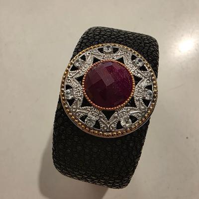 Shagreen & Sterling Bracelet (Red Stone)