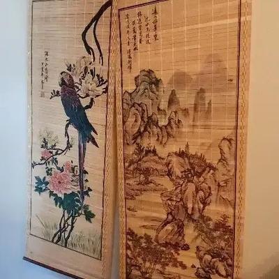 Chinese Or Japanese Bamboo Scroll Parrot And Landscape 