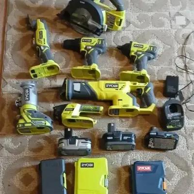 Lot Of Ryobi Cordless Tools, 3 Batteries, Charger And Accessories 