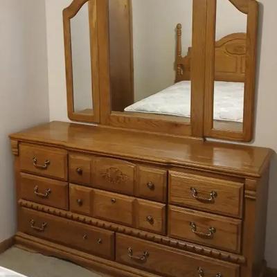 Queen Headboard, Frame And Dresser With Mirror 