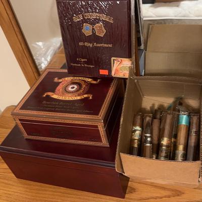 Cherry Veneer Desk Humidor With Wooden Cigar Box Plus Nondescript Cardboard Box