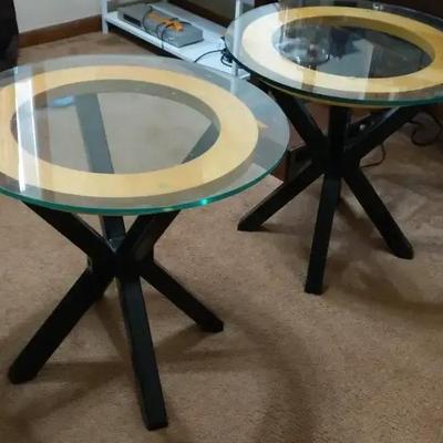 Pair of Round Glass-Top End Tables with Black Metal Base – Modern Matching Set
