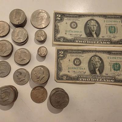 Kennedy Half Dollars, $2 Bills, Eisenhower Dollar, Jefferson Nickels, Roosevelt Dimes,