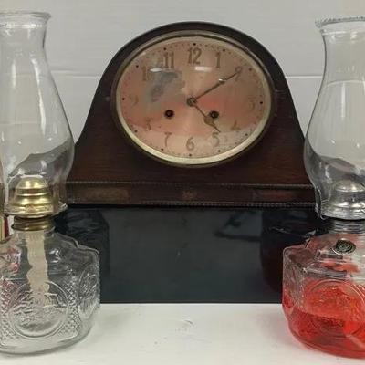 Vintage Mantel Clock and “Lamplight Farms” Oil Lamps