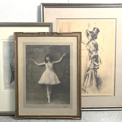 Antique Framed Prints, 3 Pcs - 1920s Ballerina, Ladies in the 1900s and Medieval Ages - Pickup Ok