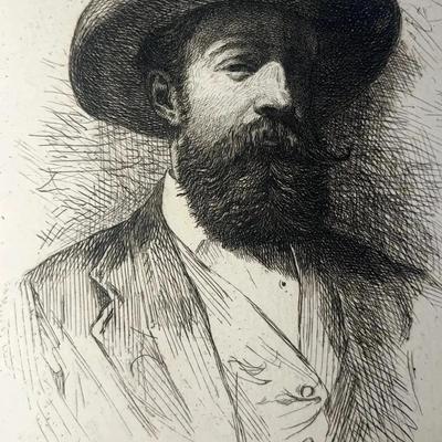 Antique William Unger, Self-portrait Etching Print on Folder, c Late 1800s 
