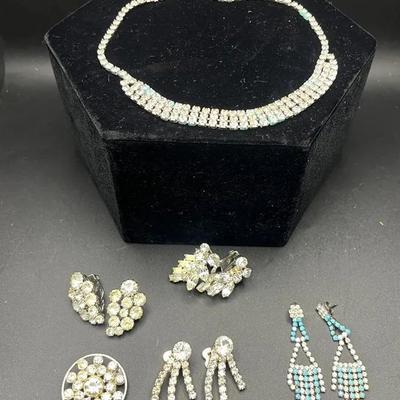 Weiss Rhinestone, Antique Blue Glass Rhinestone Earrings, Rhinestone Shoe Clips and Choker