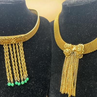 MidCentury Gold-tone Mesh Tassel Lariat & Goldette-style Gold-tone Mesh Choker Necklaces- Excellent