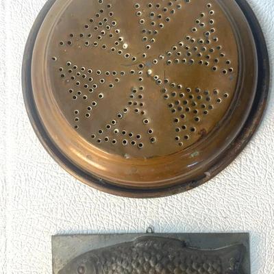 Antique Copper Colander / Sieve and Vintage Fish Mold