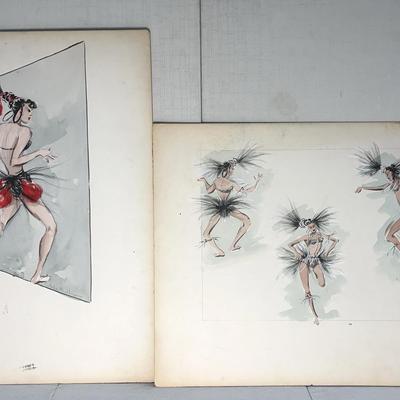 Adele Balkan, Hollywood Regency Era Costume Designer 1907-1999 Costume Design Sketches, 2 Pcs 