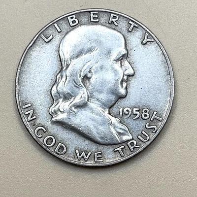 1958-D Benjamin Franklin Half Dollar Coin 0.45oz 90% Silver - Very Good Condition