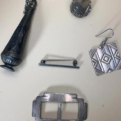 Vintage Berber Silver Perfume Amulet, Sterling Belt Buckle, Sterling Pin, Taxco Thimble - 5 Pcs