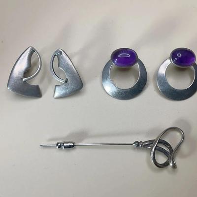 Stieff Sterling Silver MOMA Pin, Taxco Purple Amethyst Hoops, Taxco Geometric 905 Earrings - Vintage