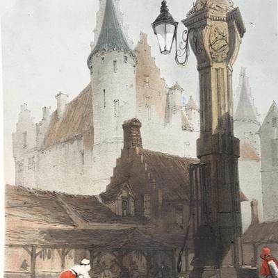 Antique “Fish Market, Antwerp", Thomas Shotter Boys, Color Lithograph On Mounting Folder c1840s