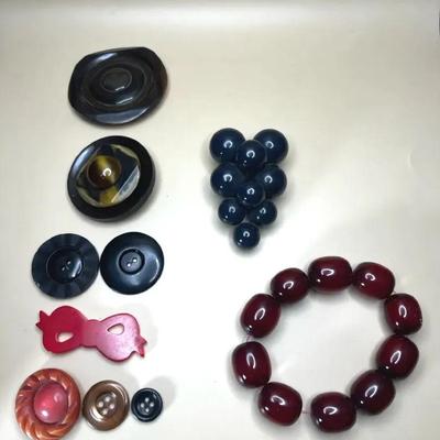 Lucite Grape Cluster Pin/Shoe Clip, Lucite Red Beads, Bakelite Buttons and Shoe Clip - Vintage