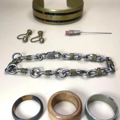 Sergio Lub California Brass Cuff, Taxco Silver Link Bracelets, Vintage Rings and Hat Pin, 7 Pcs