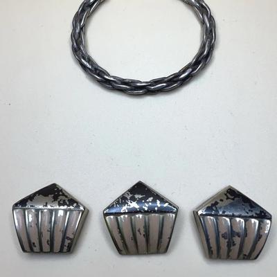 925 Mexican Silver Twisted Rope Vintage Cuff 1.10oz and Art Deco Pyramid Buttons