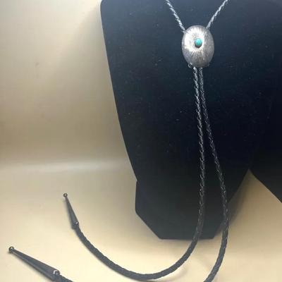 Navajo Silver Bolo Tie with Turquoise Gem & Faux Leather