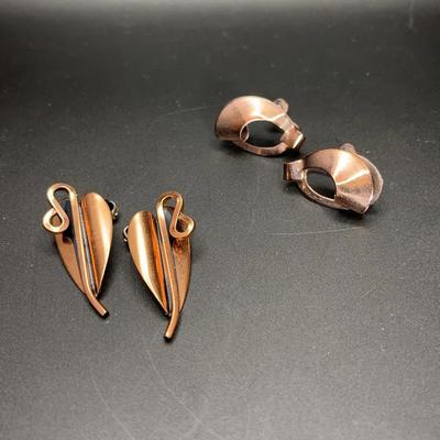 Copper Leaf and Ribbon Clip-on and Screw Back Earrings, Pair