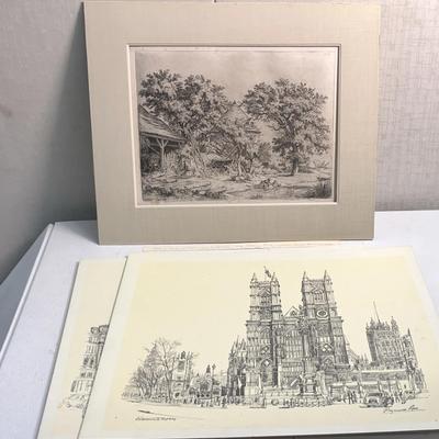 Antique Eugene Blery Etching Proof Impression c1874 and Raymond Piper Prints of Sketches c2002-2004