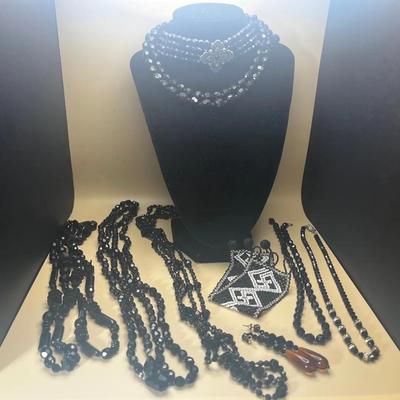 Art Deco 1920s Black Beaded Chokers, Long Necklaces, Earrings, and Cuff - Large Lot