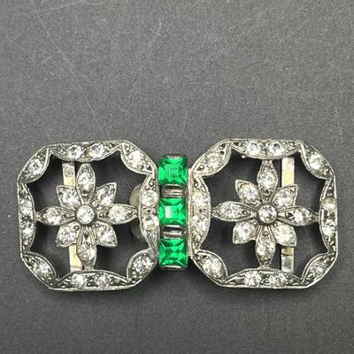 Antique Filigree Faux Emerald and Rhinestone Belt Buckle