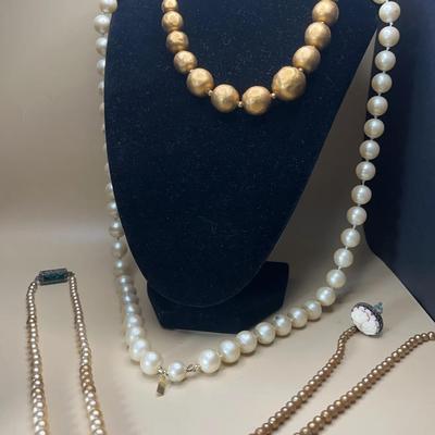 Marvella, Antique Sterling Cameo Clasp Faux Pearl Necklaces, 4 Pcs
