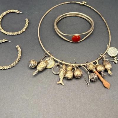 Silver Tone Charm Necklace with Bracelet and Earrings 