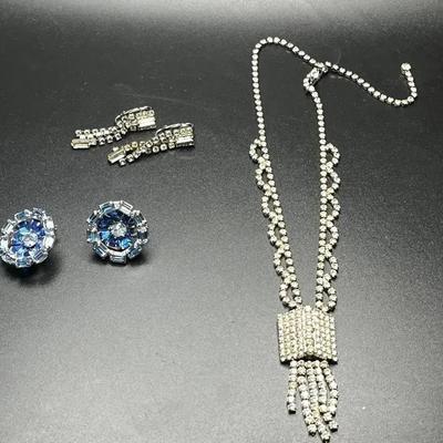 Art Deco Weiss Rhinestone Necklace and Earring Suite & Kramer Clip-On Rhinestone Earrings